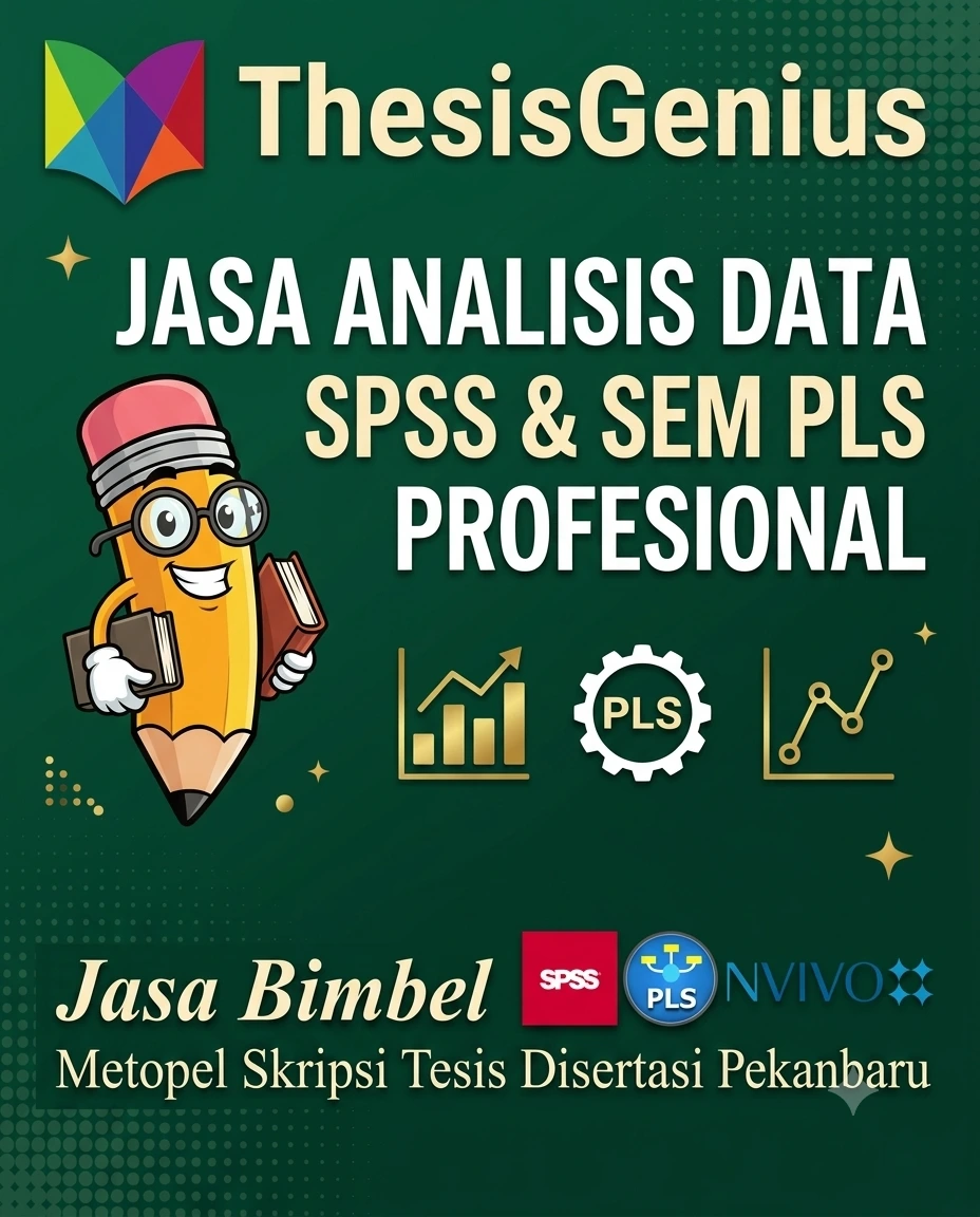 Ilustrasi maskot pensil cerdas memakai kacamata dan topi wisuda, membawa buku, di samping teks "ThesisGenius - Analisis Data Statistik Menggunakan SPSS dan SEM PLS", dengan latar belakang hijau tekstur titik-titik dan dekorasi bintang emas
