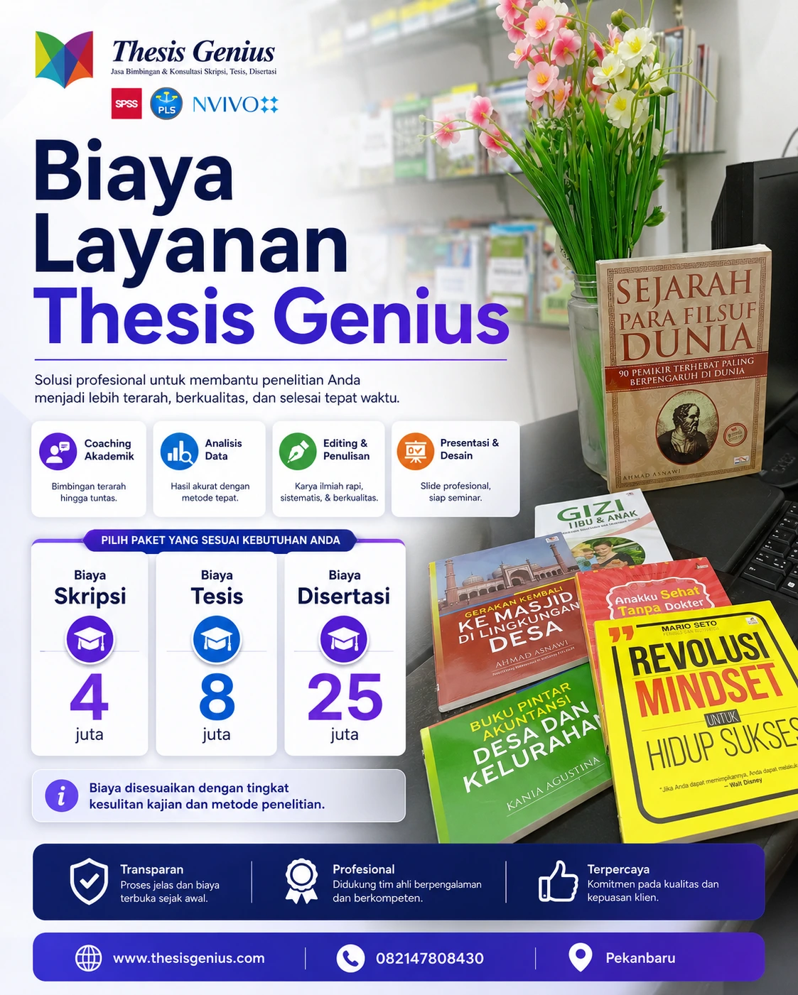 Poster biaya layanan Thesis Genius untuk bimbingan skripsi, tesis, dan disertasi di Pekanbaru