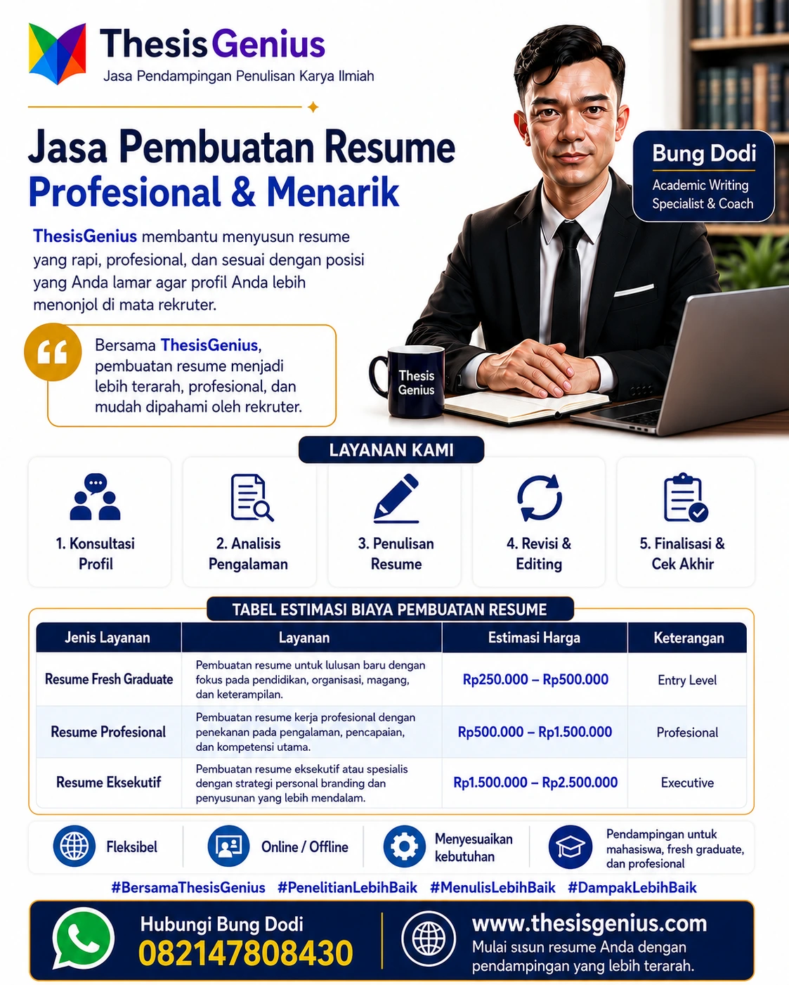 Poster jasa pembuatan resume profesional ThesisGenius untuk mahasiswa, fresh graduate, dan profesional dengan layanan penyusunan resume yang menarik dan sesuai kebutuhan karier.