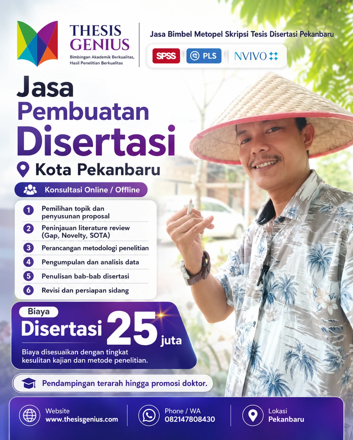 Poster layanan pendampingan disertasi Thesis Genius di Kota Pekanbaru dengan konsultasi online dan offline serta biaya mulai Rp25 juta