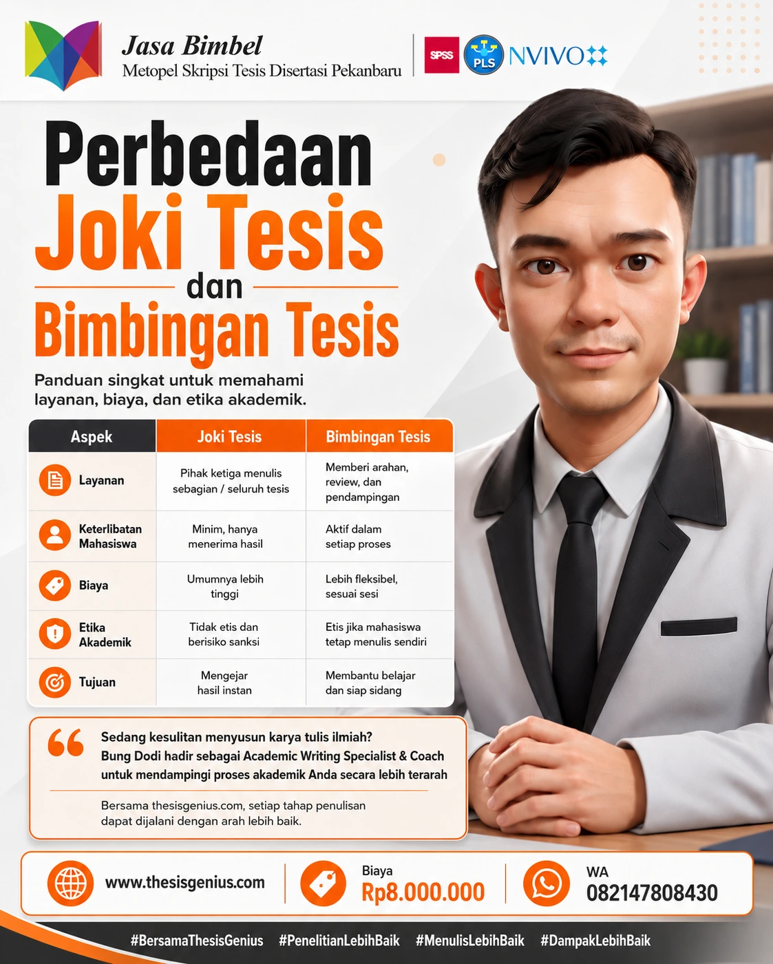 Infografis perbedaan joki tesis dan bimbingan tesis dengan perbandingan layanan, biaya, dan etika akademik
