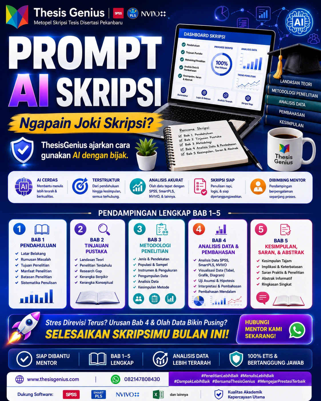 Poster layanan Prompt AI Skripsi Thesis Genius untuk pendampingan penyusunan Bab 1–5, analisis data, revisi, dan penggunaan AI secara bijak dalam penulisan akademik.